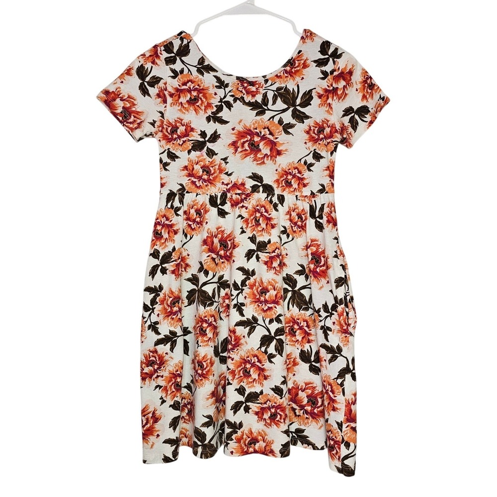 Old Navy Girls Floral Dress Size L (10-12) White Orange Brown Short Sleeve